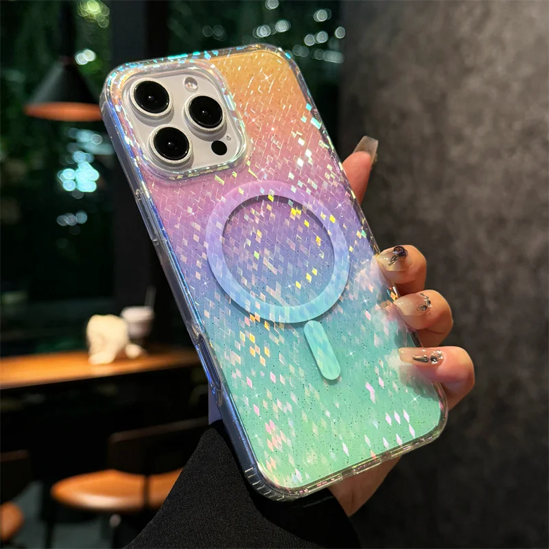 Sf7c1f9a3cdf147a0a6a9c5c8615a803b7.webp Luxury Glitter Diamond Pattern Transparent Colorful Case For iPhone 17 16 15 14 13 12 Pro Max 11 Magnetic Wireless Charge Capa