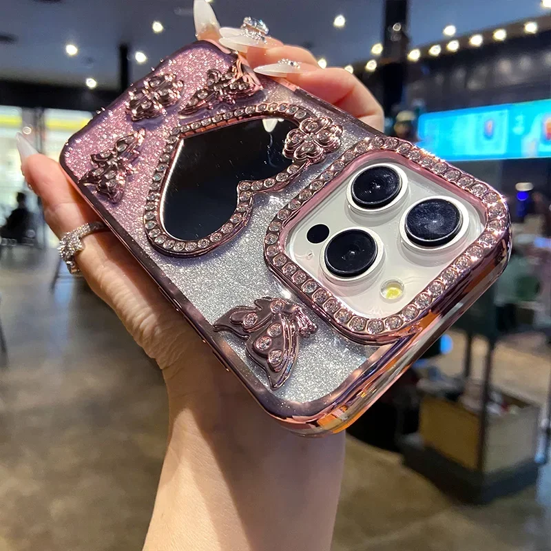 Gradient Glitter Butterfly Case for iPhone 17 16 15 14 13 12 11 Pro Max Love Heart Make-up Mirror Diamond Lens Shockproof Cover
