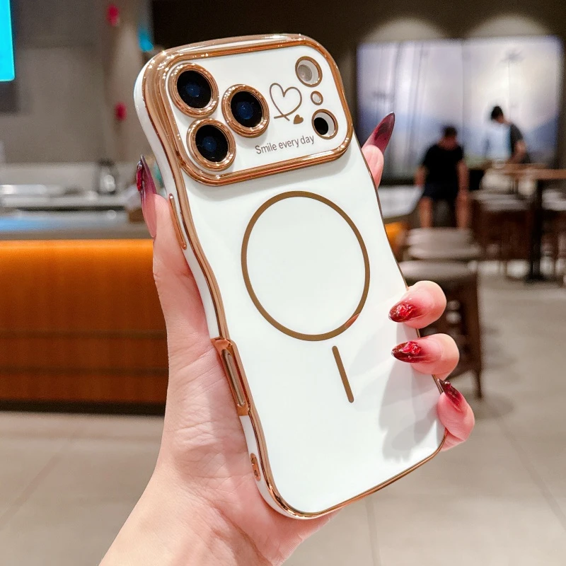 For Magsafe Plating Love Heart Wavy Lines Phone Cases for IPhone 17 16 14 13 12 11 Pro Max 16 15 Plus 17 Air Case Magnetic Cover