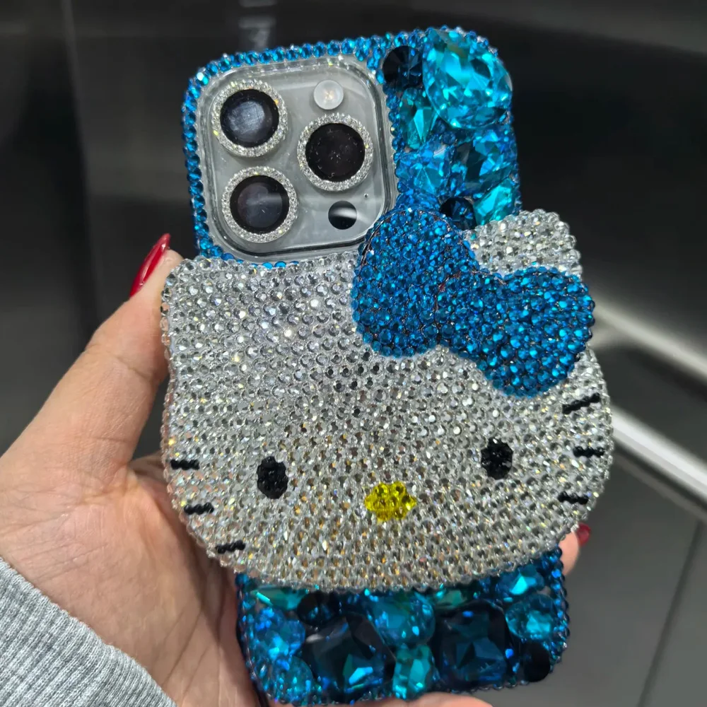 Cute Kitty Cat Rhinestone Bling Crystal Phone Case Chain For iPhone 16 12 13 14 15Pro Max X Xs XR 7 8 Plus SE 2 3 10 Transparent Bu