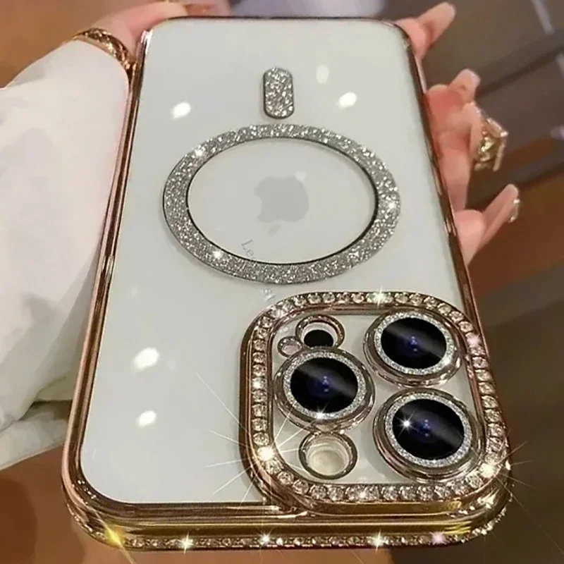 Sf957a81eb2514b6ea43c9ed47cd63e8eG.webp New Fashion Glitter Diamond Transparent Case For iPhone 16 15 14 13 11 12 17 Pro Max Plus Magnetic Wireless Charge Bumper Cover