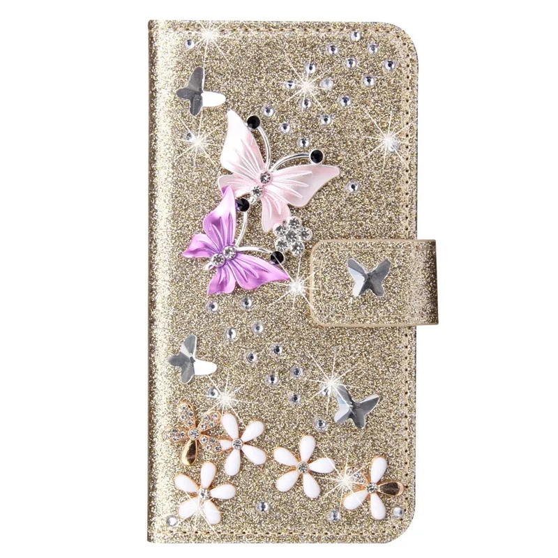 Bling Diamond Wallet Flip Case For iPhone 17 16 15 14 13 12 11 Pro Max Plus XR XS Glitter Butterfly Flower Magnetic Book Cover