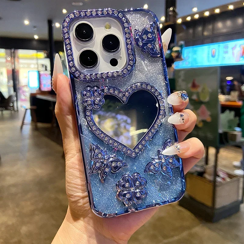 Gradient Glitter Butterfly Case for iPhone 17 16 15 14 13 12 11 Pro Max Love Heart Make-up Mirror Diamond Lens Shockproof Cover