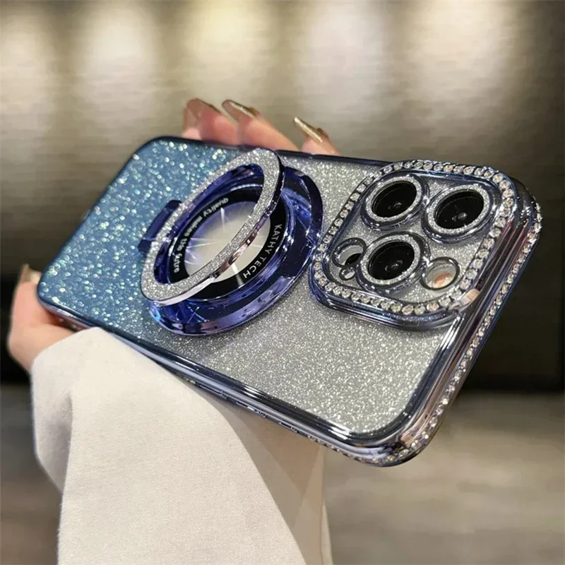 Luxury Plating For Magsafe Magnetic Stand Holder Glitter Diamond Case For iPhone 17 16 15 11 12 13 14 17 Pro Max Silicone Cover