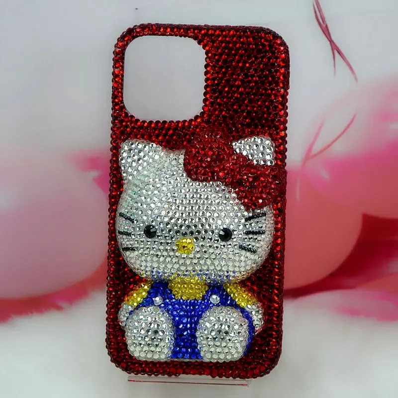 Cute Kitty Cat Rhinestone Bling Crystal Phone Case Chain For iPhone 16 12 13 14 15Pro Max X Xs XR 7 8 Plus SE 2 3 10 Transparent Bu