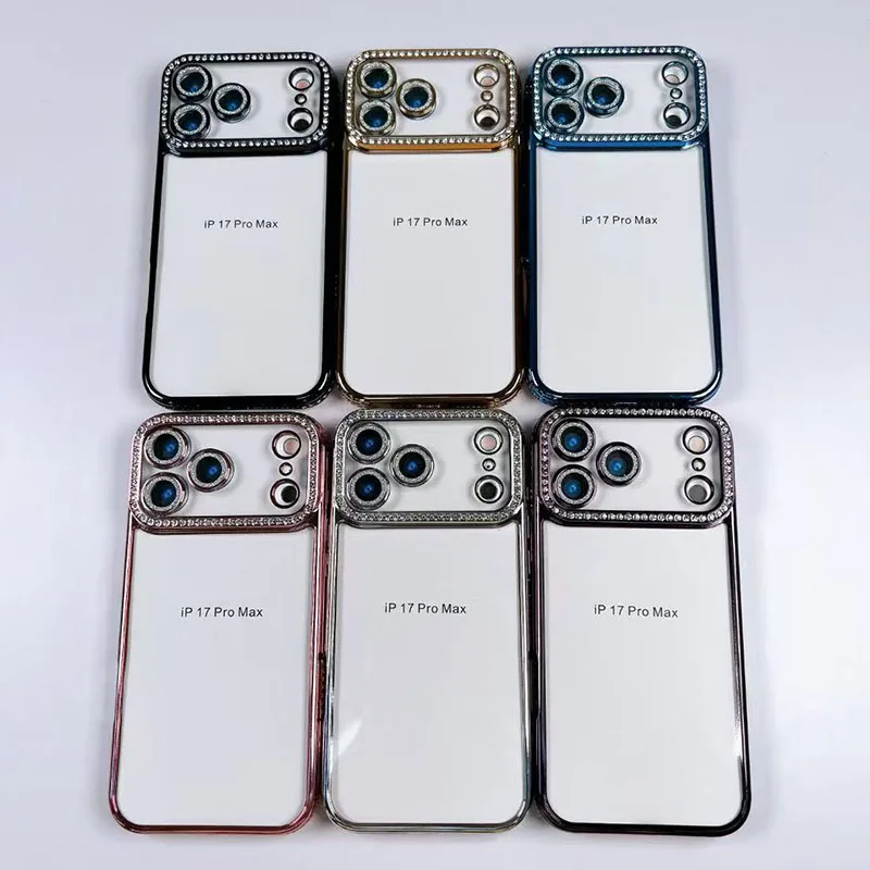 Comes With Lens Film Plating Flash Diamond Silicone Phone Case For IPhone 17 16 15 14 13 12 11 Pro Max Rhinestone Cover