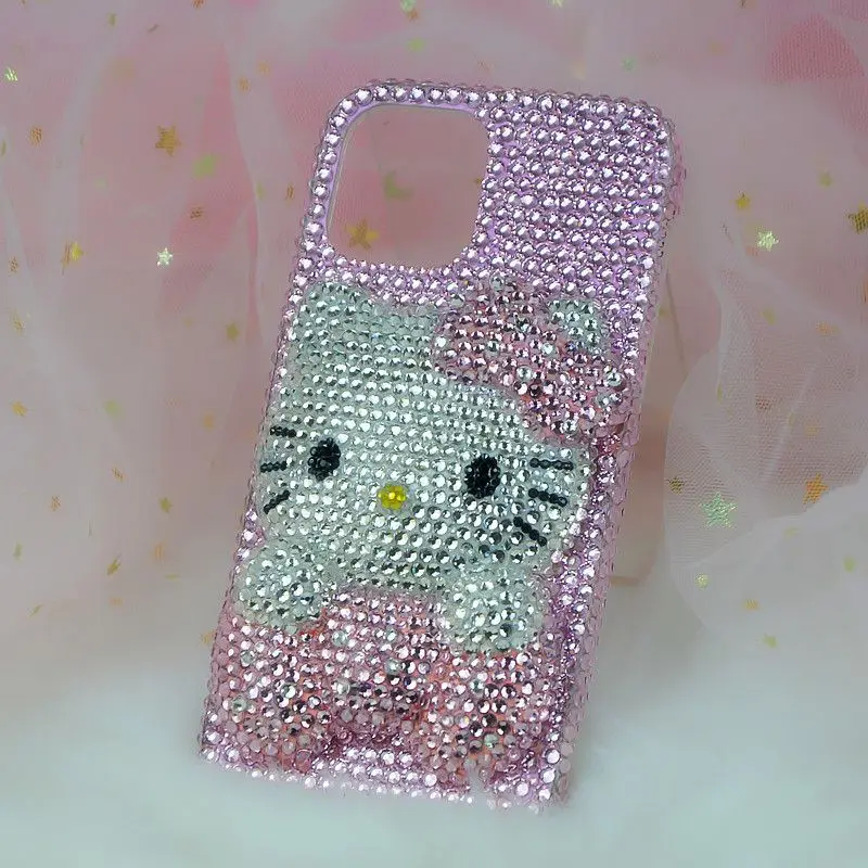 Kitty Cartoon Cat Rhinestone Bling Crystal Phone Case Chain For iPhone17 16 15 14 13 12 11Pro Max XR 7 8 Plus SE Mini Transparent