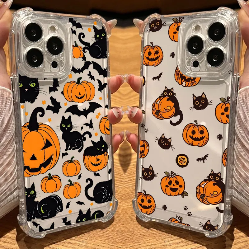 Sfcb49cc65f7049faa926dd7012e65e6a4.webp Happy Halloween Cat Pumpkin Bat Phone Case Clear For iPhone 17 16 14 15 11 12 13 Pro Max 16E 16 Plus 17Air Soft Shockproof Cover