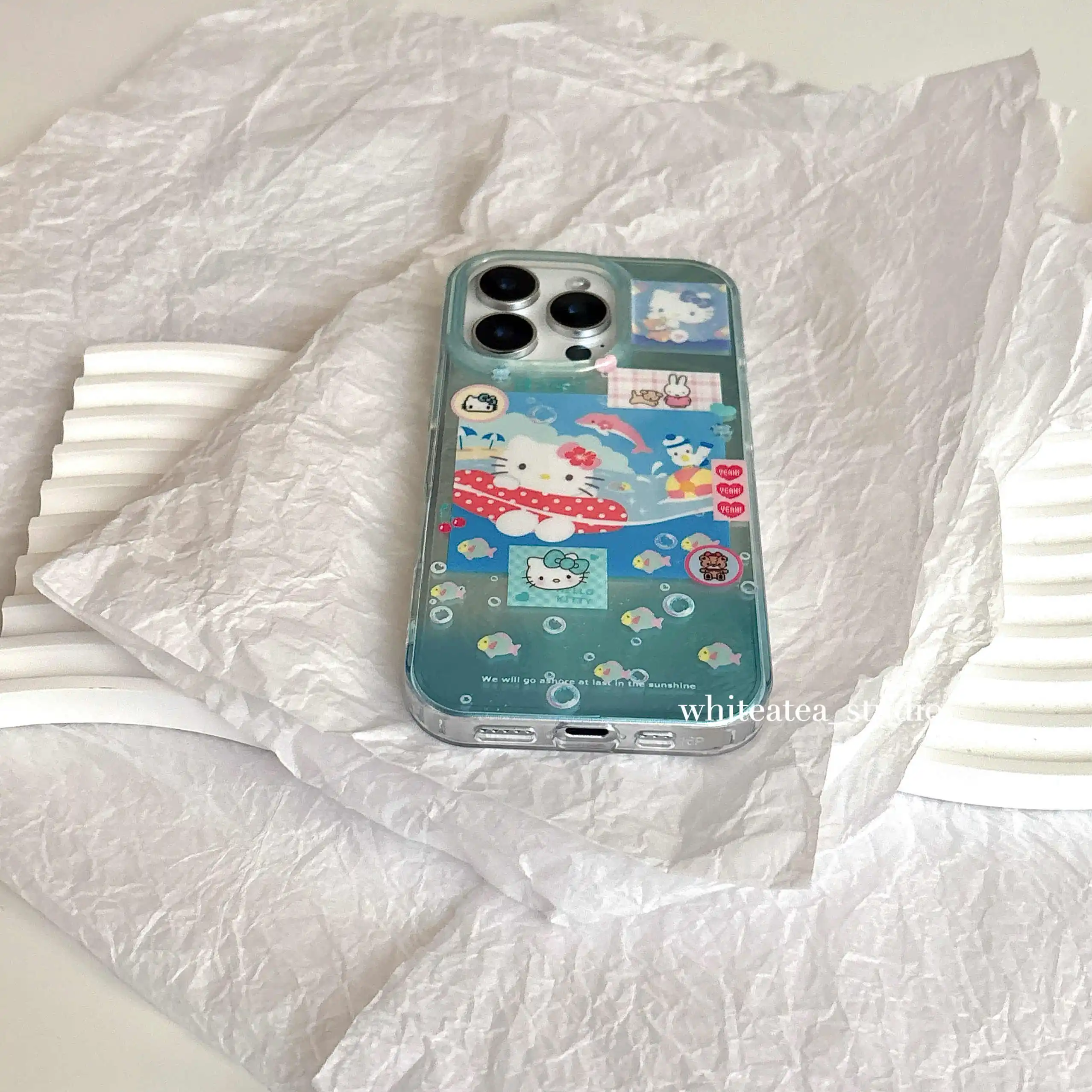 Y2k Girl Summer Blue Oceans Kitty Cats for IPhone 16 Promax Phone Case All Inclusive 14 13 Pro 15 Plus Protective Cases