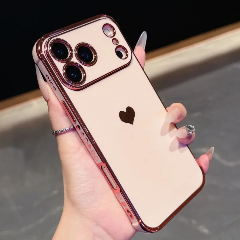Luxury Plating Love Heart Soft Phone Case For iPhone 17 Air 16 15 14 13 12 11 Pro Max Mini Plus Edge Pattern Silicone Back Cover