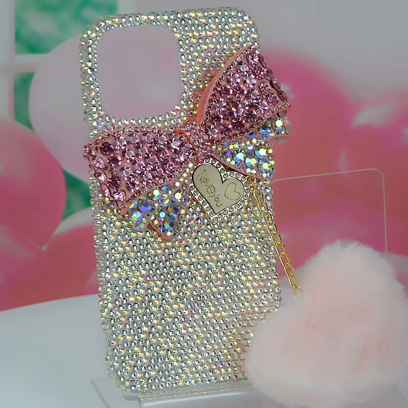 Sffd0ce67b59e40f498f699d046013198j.webp Crystal Diamond Bow Heart Fur Strap Phone Case For iPhone 16 17 Air 15 14 13 12 11 Pro Plus Max Samsung Galaxy S24 S23 S25 Ultra