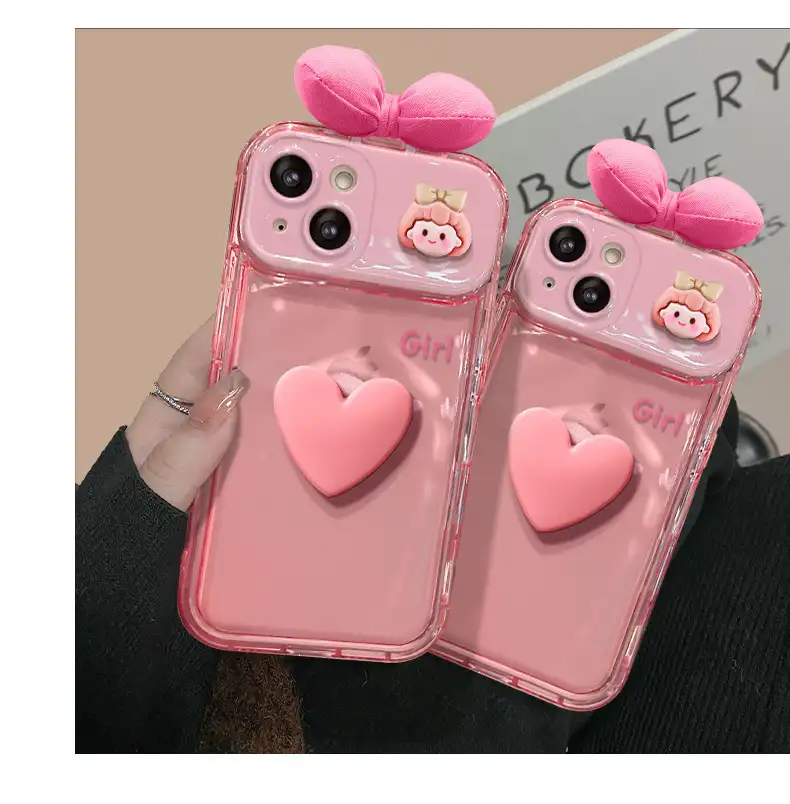 3D Bow Love Heart Pink iPhone Case With Mirror Lens Protector