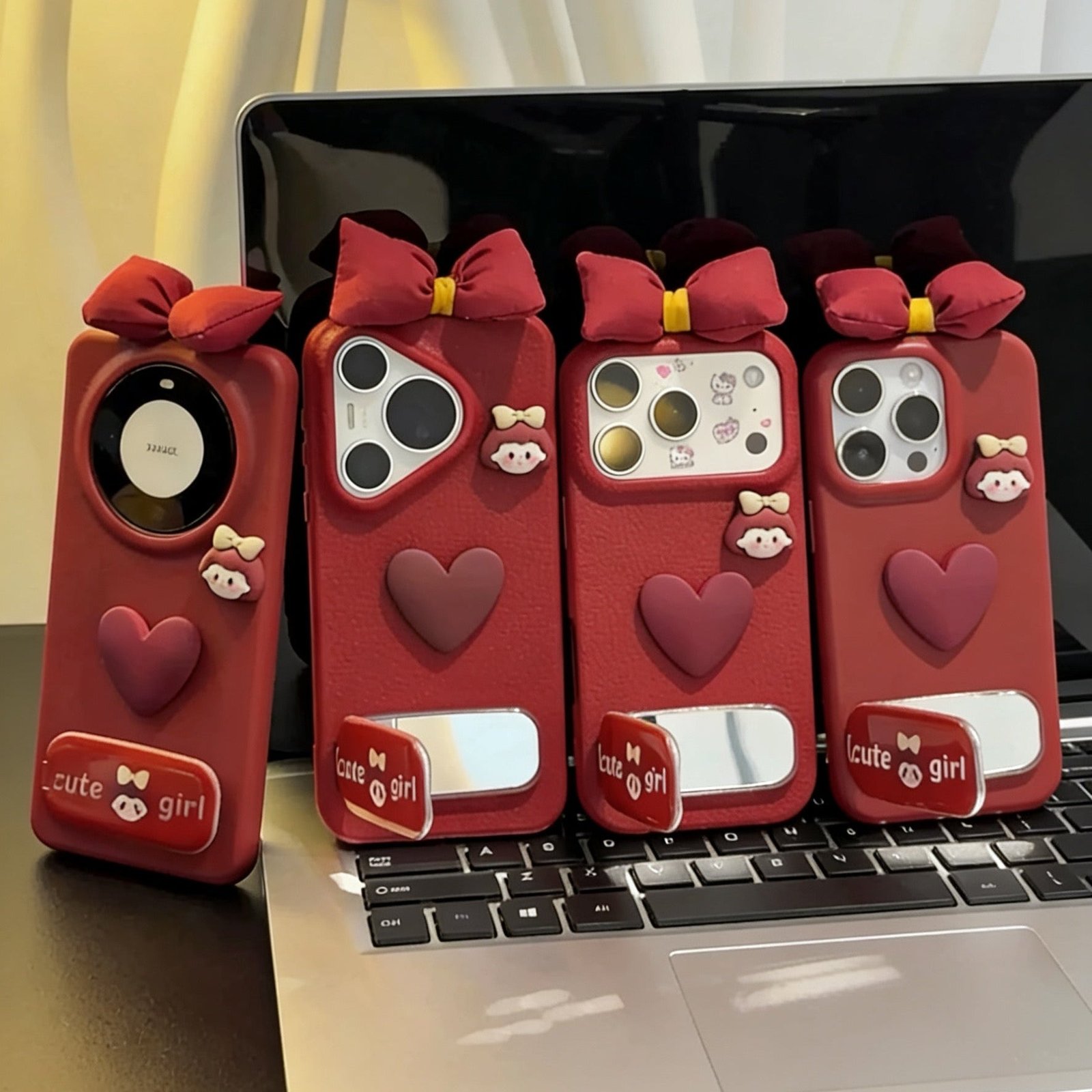 003B98316BFAEB3E89EA9A0FBCED0CB7.jpg Burgundy Heart Bow Mirror Stand Phone Case