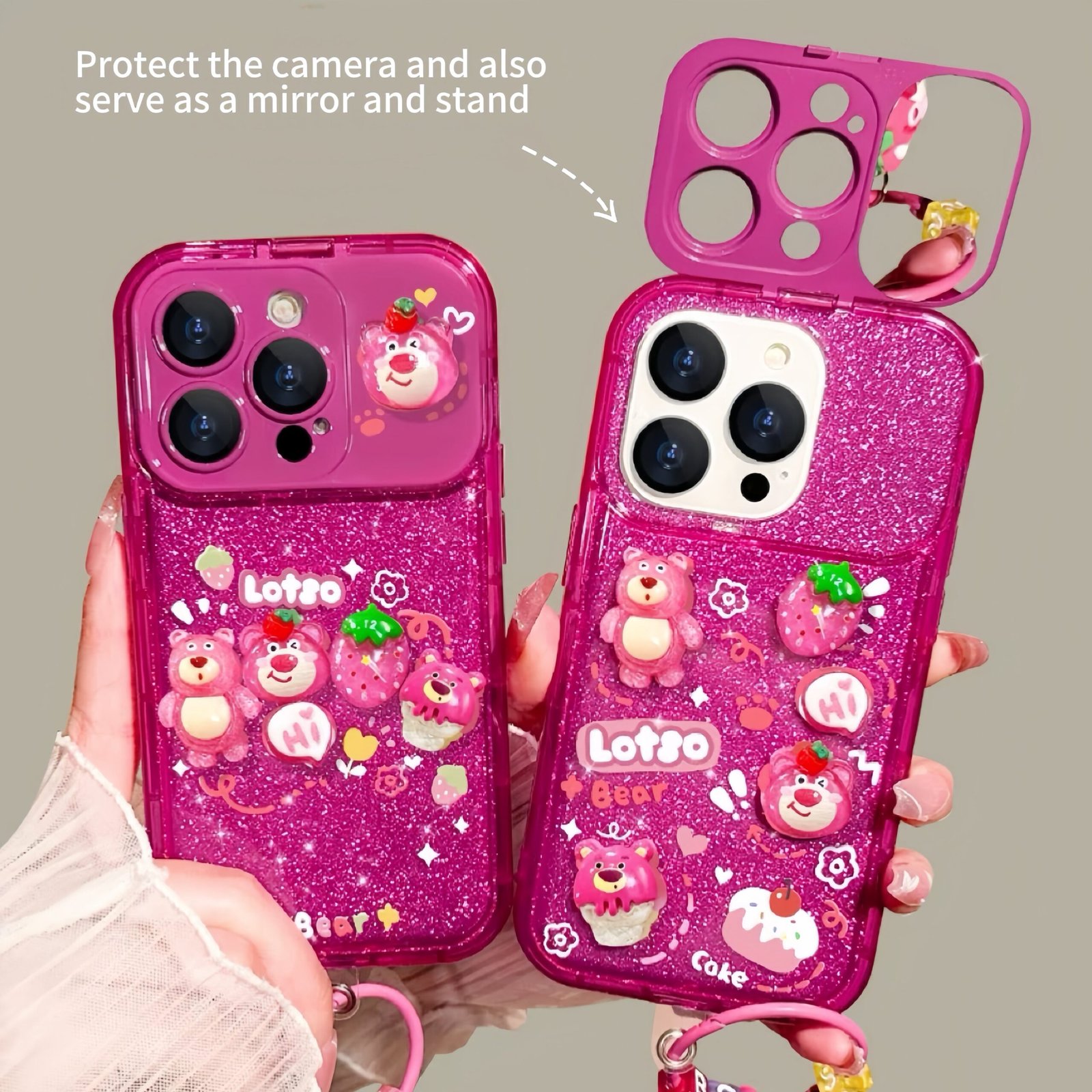 0091FDD95269E306FA5615B021A689D7.jpg Sparkling Strawberry Bear flip phone case with mirror and stand