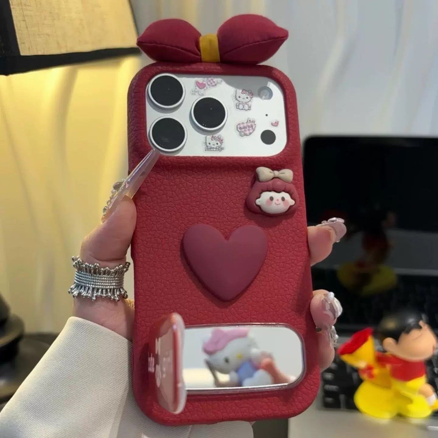 20750D4C4C1F2E6FC4F2F813205D08DD.jpg Burgundy Heart Bow Mirror Stand Phone Case