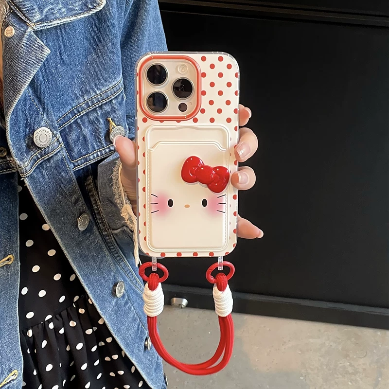 Cute red polka dot cat card holder phone case
