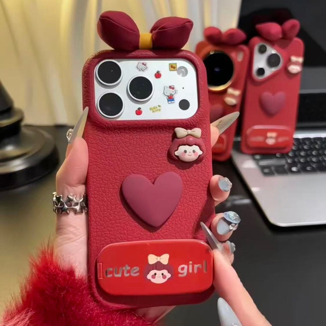 3BD75BADDB18FCA9DE3415F1794E165B.jpg Burgundy Heart Bow Mirror Stand Phone Case