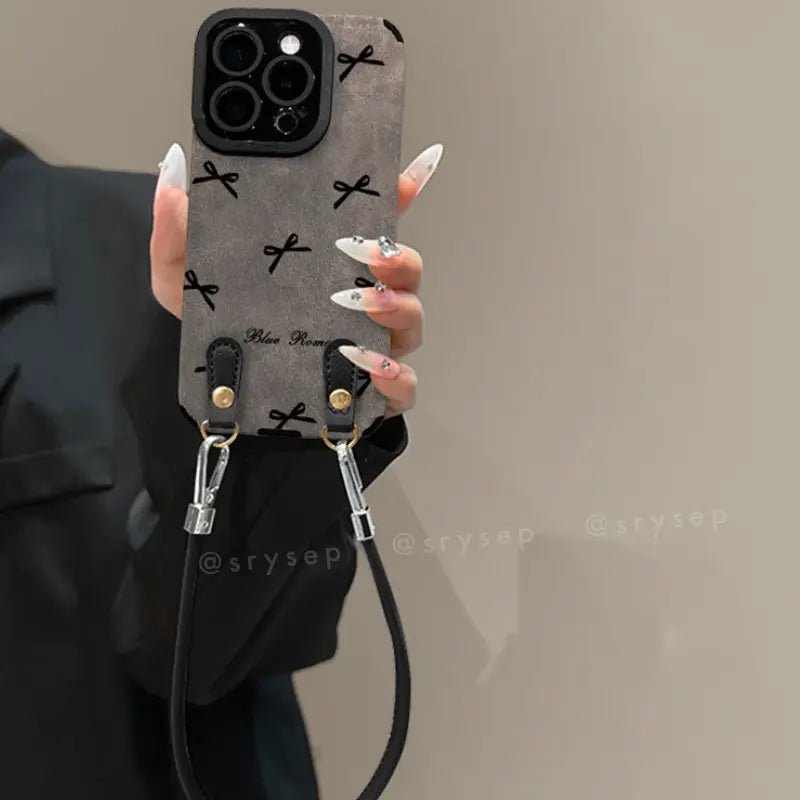 BowPhoneCaseforiPhoneSuedeBackCovergray00001.jpg Bow Phone Case for iPhone With Leather Charm Suede Back Cover