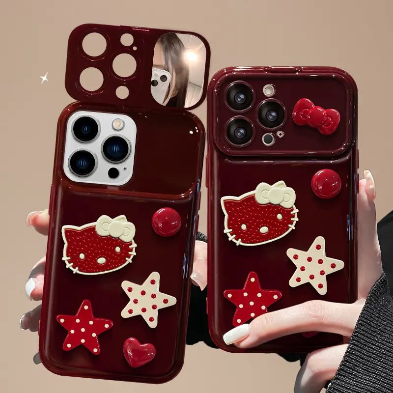 Cute Bow Kitty with Mirror Lens Protector Phone Case For iPhone