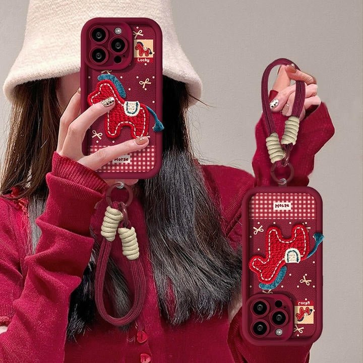 CuteEmbroideredPonyPhoneCaseforiPhone17Air00001.jpg Cute Embroidered Pony Phone Case for iPhone 17 Air 16 15 14 13 12 11 X Pro Max Plus With Lanyard