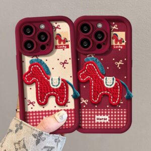 Cute Embroidered Pony Phone Case for iPhone 17 Air 16 15 14 13 12 11 X Pro Max Plus With Lanyard