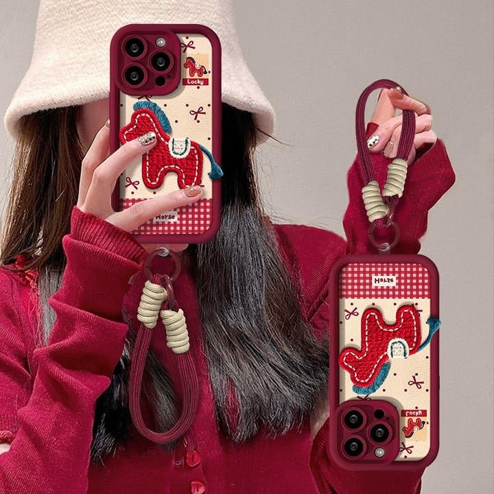 CuteEmbroideredPonyPhoneCaseforiPhone17Air00010.jpg Cute Embroidered Pony Phone Case for iPhone 17 Air 16 15 14 13 12 11 X Pro Max Plus With Lanyard