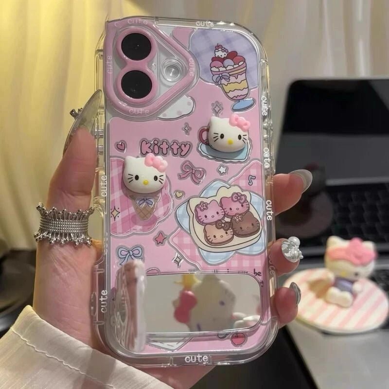 3D Cute Pink Kitty With Mirror Kickstand Case For iPhone