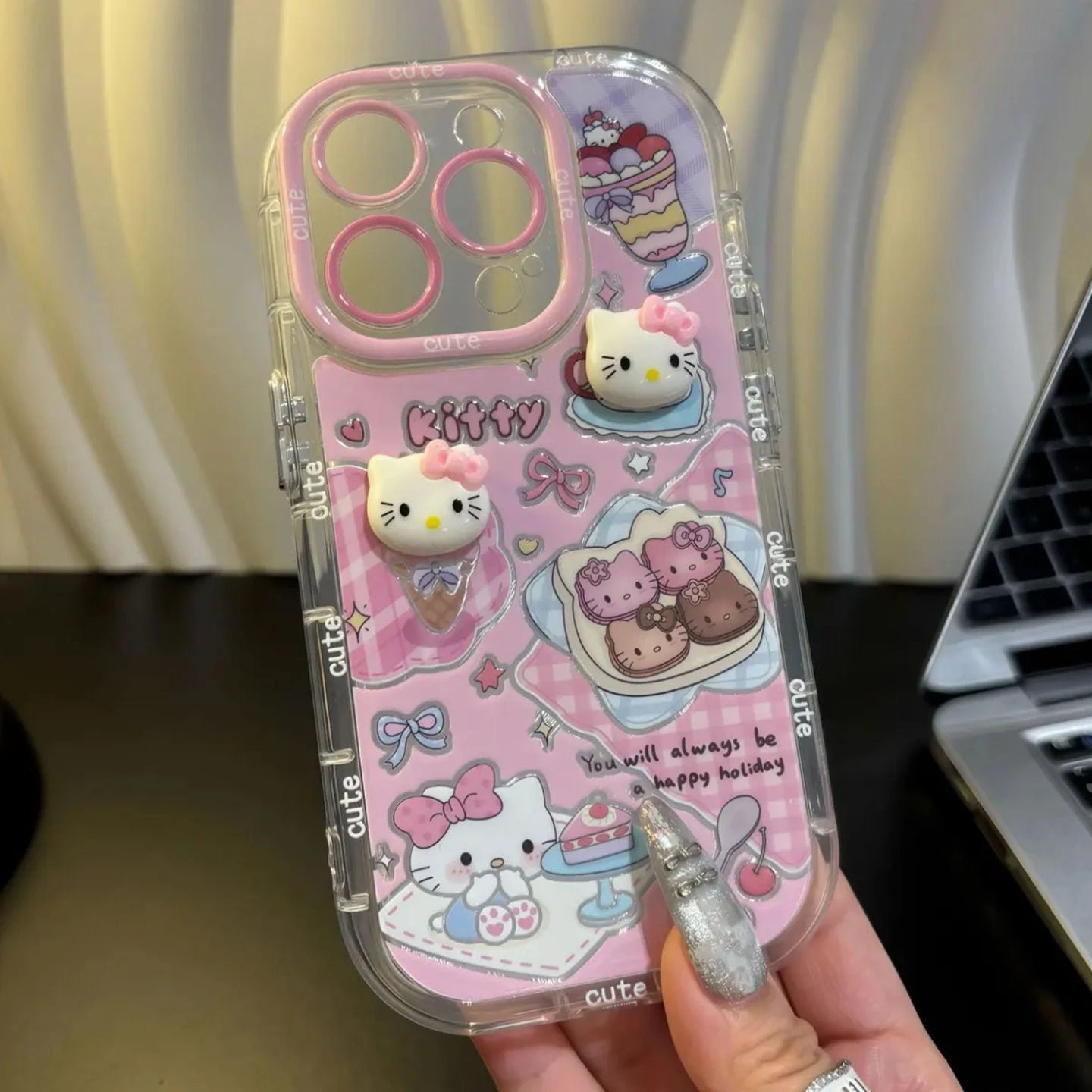 3D Cute Pink Kitty With Mirror Kickstand Case For iPhone