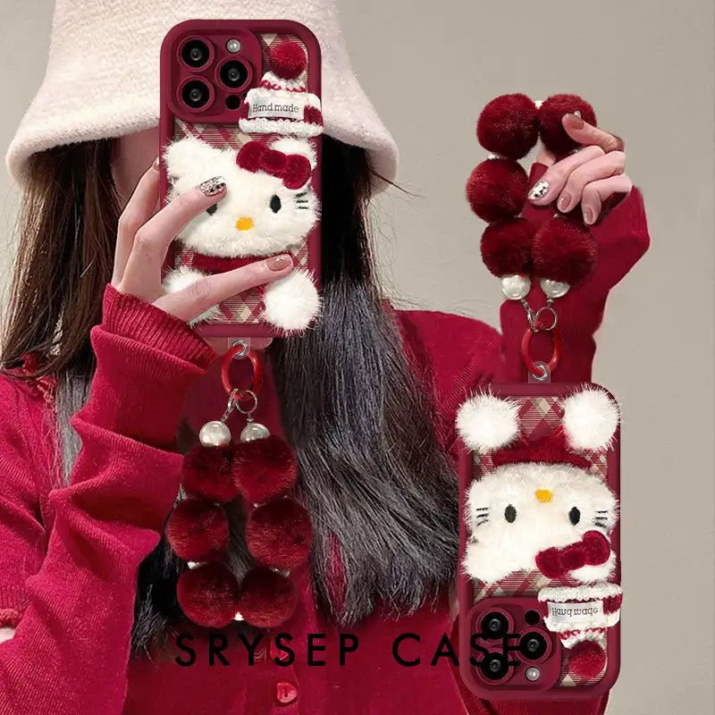 Cute 3D Plush Cat Back Cover For iPhone Case With Kitty Velvet Bracelet