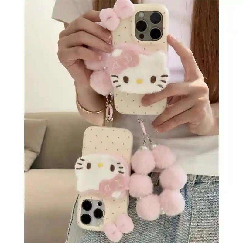 Cute Plush Bow Kitty Kickstand With Velvet Charm Phone Case for iPhone 17 16 15 14 13 12 11 Series