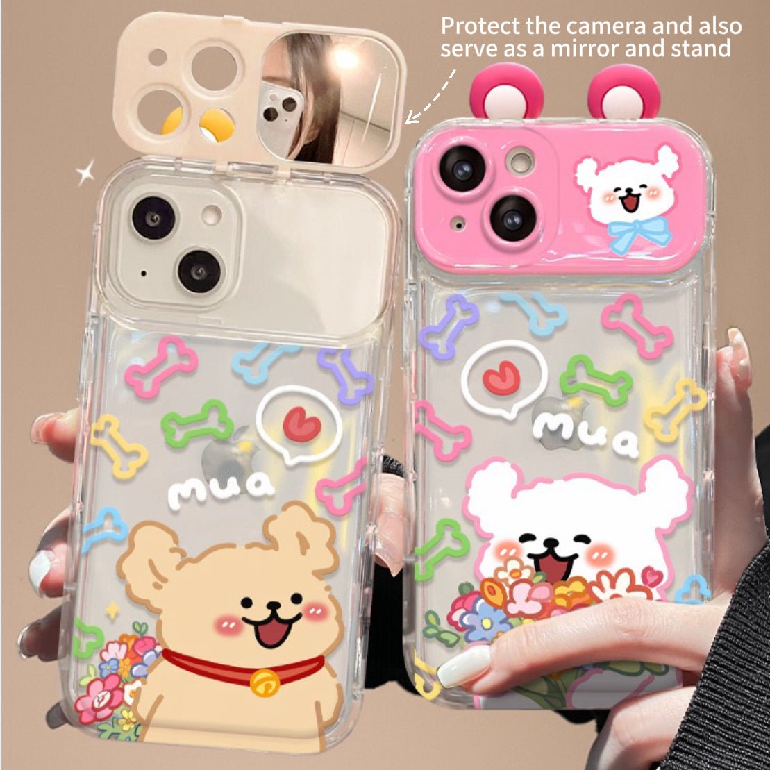 E0BE5BFA4C7477FA81FB2B030B3D6D65.jpg Puppy Flip Clear Phone Case with Mirror and Stand