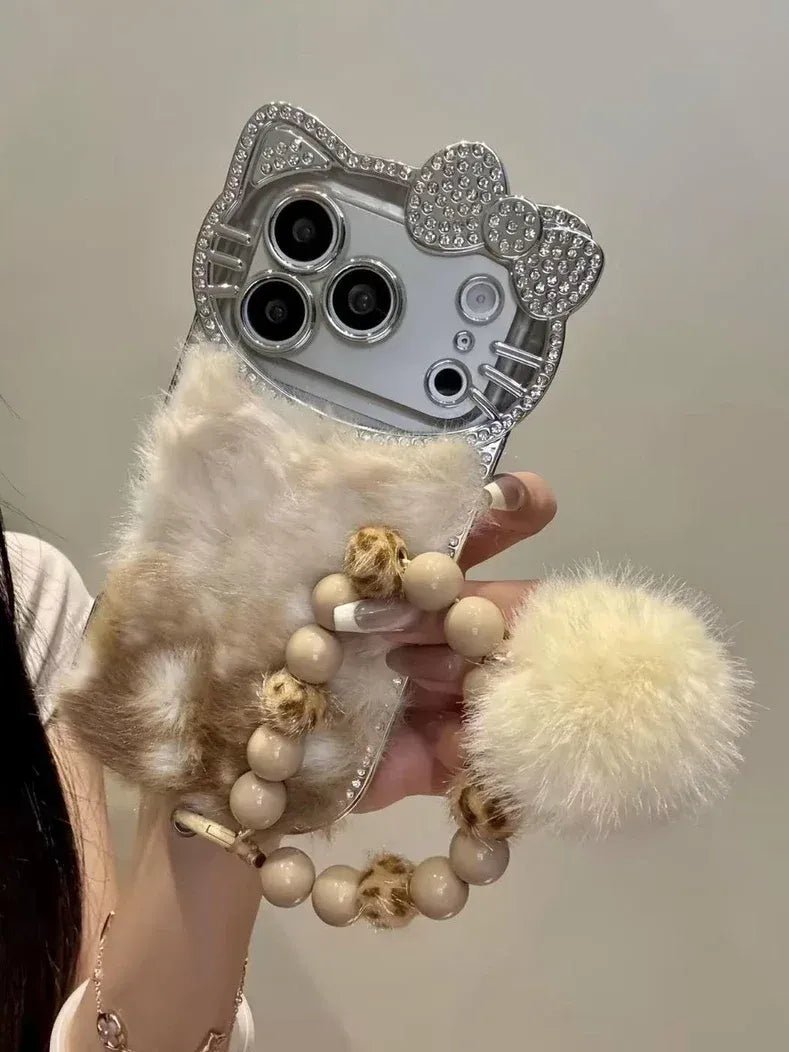 IMG_3553.jpg Cute Kitty Diamond Bow Leopard Velvet Back Cover iPhone Case With Beads Bracelet
