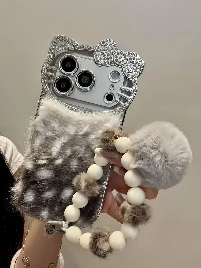 IMG_3555.jpg Cute Kitty Diamond Bow Leopard Velvet Back Cover iPhone Case With Beads Bracelet
