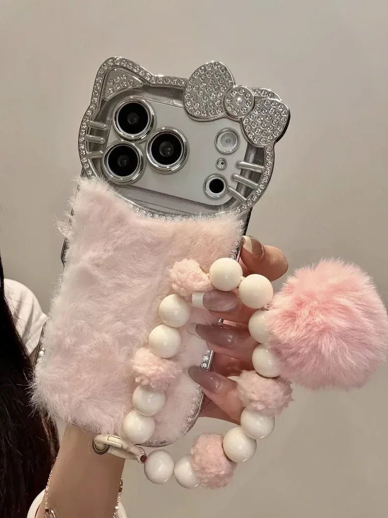 IMG_3556.jpg Cute Kitty Diamond Bow Leopard Velvet Back Cover iPhone Case With Beads Bracelet
