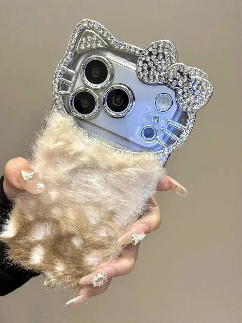 IMG_3559.jpg Cute Kitty Diamond Bow Leopard Velvet Back Cover iPhone Case With Beads Bracelet