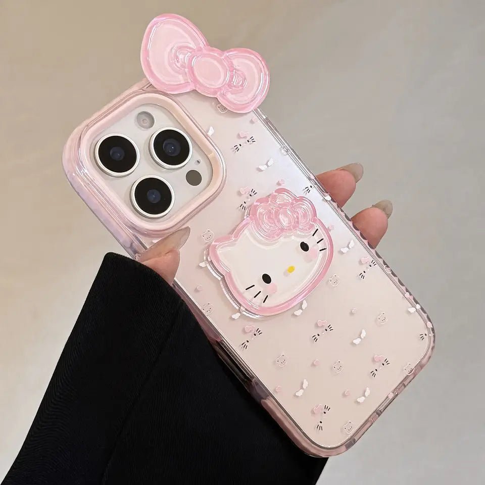 [No Plus Model] 3D Bowknot Cartoon Kitty Clear Phone Case for iPhone