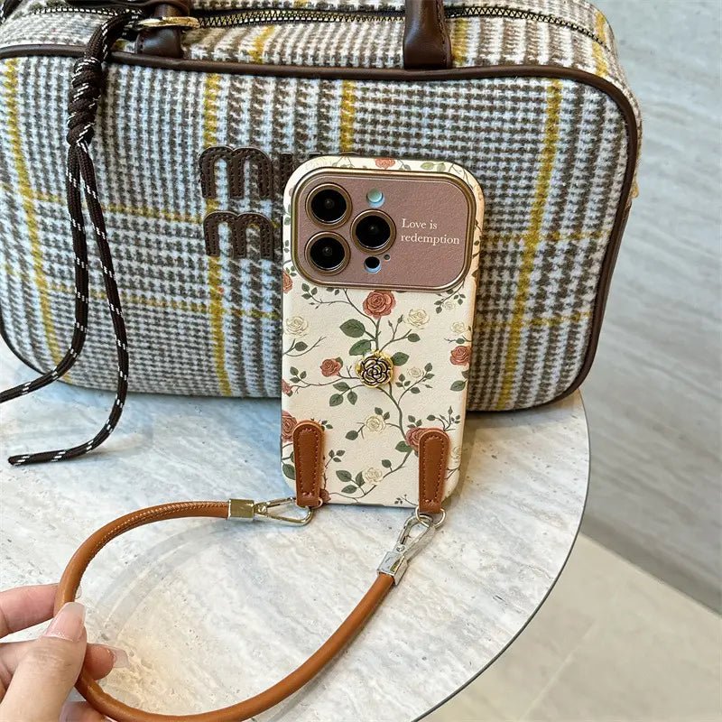 [No Plus Model] Floral Rose Camellia Leather Buckle Lanyard Phone Case for iPhone