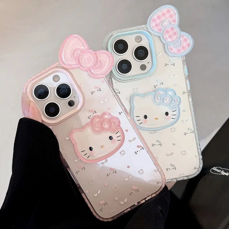 [No Plus Model] 3D Bowknot Cartoon Kitty Clear Phone Case for iPhone