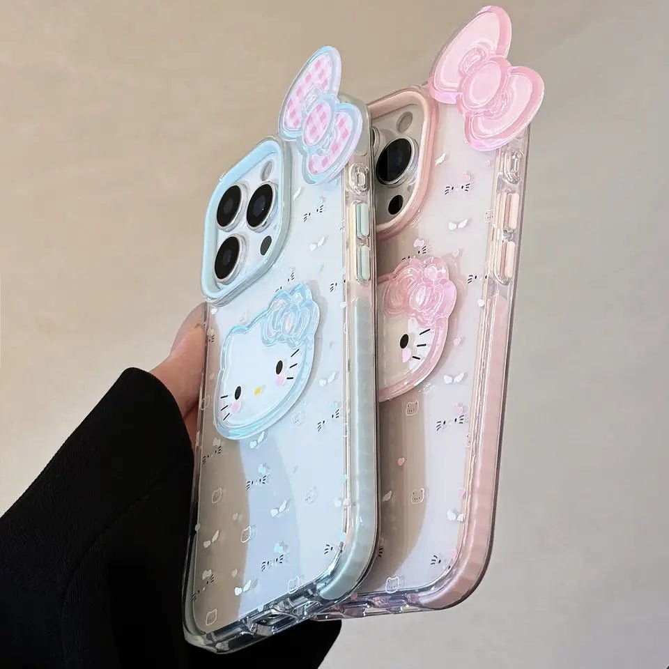 [No Plus Model] 3D Bowknot Cartoon Kitty Clear Phone Case for iPhone