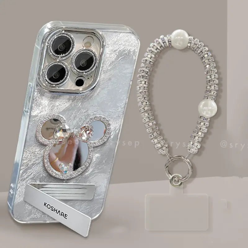 Silver Mick Mirror Phone Case For iPhone With Foldable Kickstand and Metal Bracelet