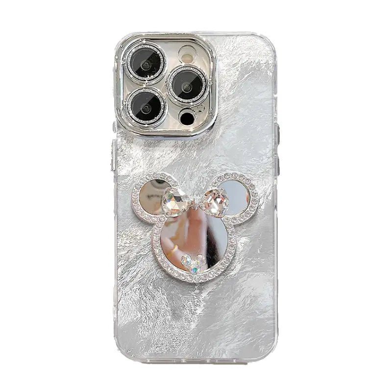 Silver Mick Mirror Phone Case For iPhone With Foldable Kickstand and Metal Bracelet