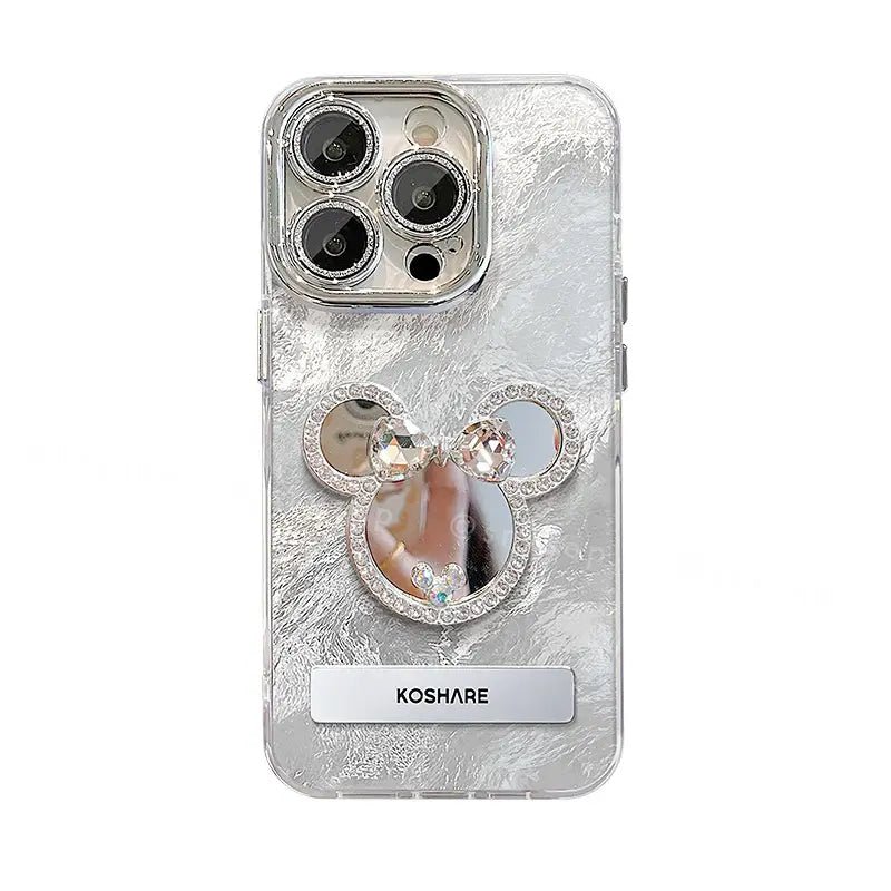 Silver Mick Mirror Phone Case For iPhone With Foldable Kickstand and Metal Bracelet