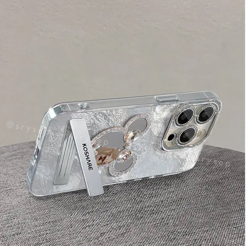 Silver Mick Mirror Phone Case For iPhone With Foldable Kickstand and Metal Bracelet