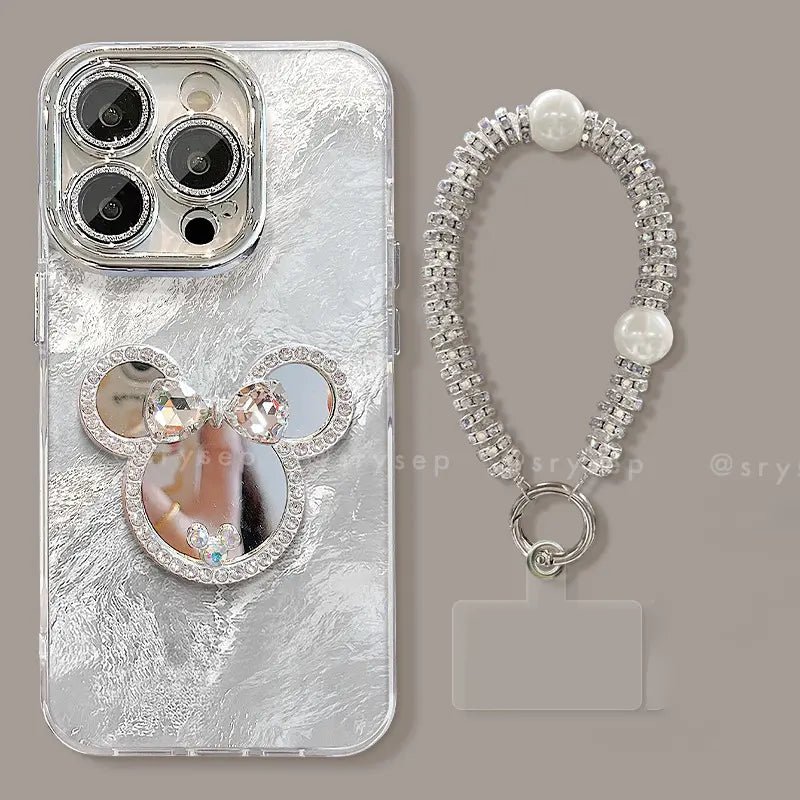 Silver Mick Mirror Phone Case For iPhone With Foldable Kickstand and Metal Bracelet
