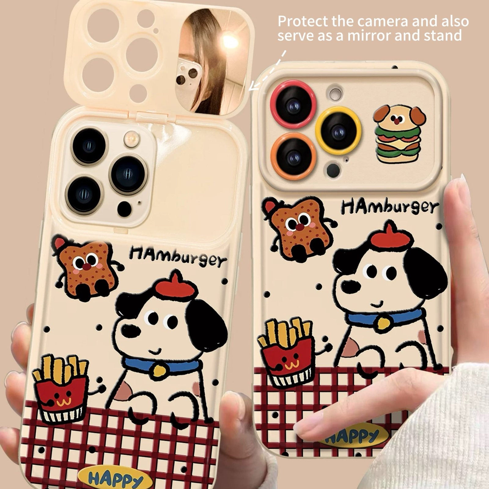 ad401895b9c5ebeaf4cab71545a51392.jpg Puppy Hamburger Flip Mirror Phone Case