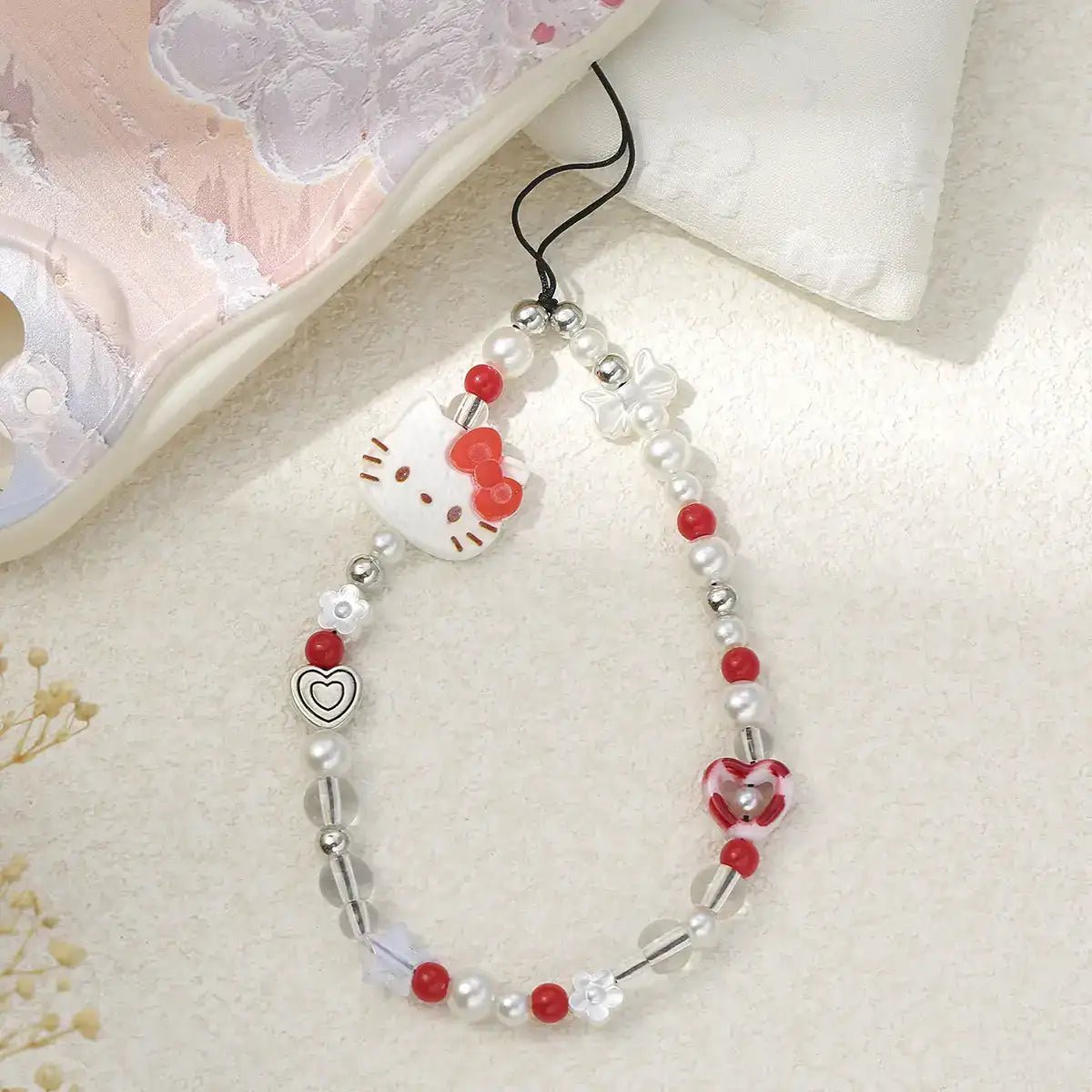 beadskittenchain_5.jpg Cute Bow Kitty Phone Charm Beads Chain for iPhone Samsung Android Case Cover