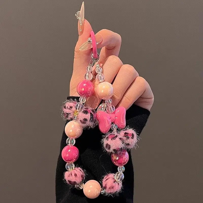 Handmade DIY Crystal Beads Bracelet Charm for Phone Case Pad Case Bumper Bags, Decorative Charm with Snowflake Design and White and Glittery Beads Keychain