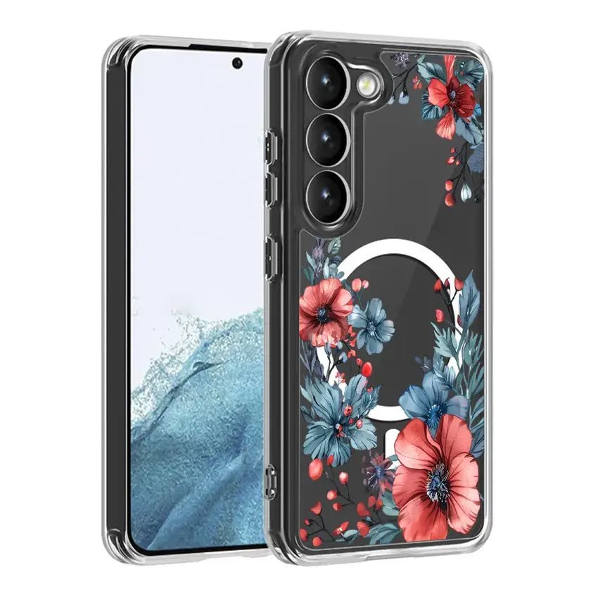 sku-5-QHLK005.jpg Floral Clear TPU Magnetic Phone Case for Galaxy S25 S24 S23 S22 S21 Series