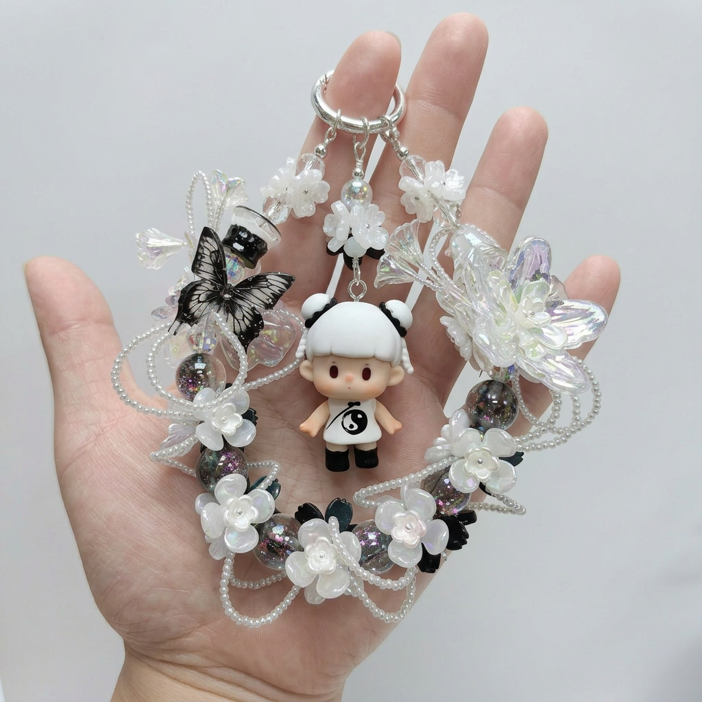 01_d974be72-b218-49fb-a2be-ce9eaf3c0688.png Handmade Black White Floral Wreath Charm | Panda Doll Car Mirror Bag Pendant | Gothic Kawaii Gift