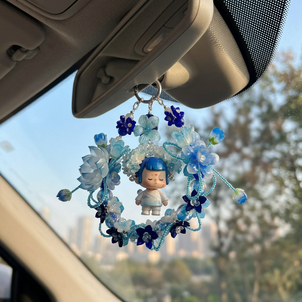 02_332adf7c-5ee1-427c-b98c-38d80514d7b1.png Handmade Blue Floral Wreath Charm | Kawaii Boy Doll Car Mirror Pendant | Ocean Room Decor Gift